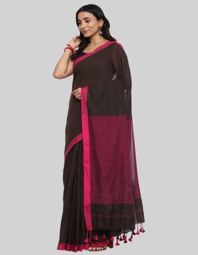 Linen Brown saree with contrast border and embroidery on pallu