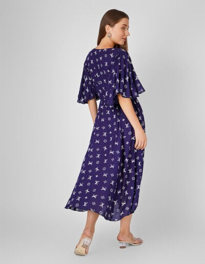 Blue print cotton flair dress with umbrella sleeve