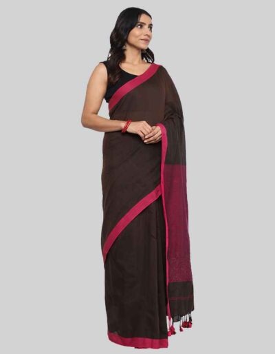 Linen Brown saree with contrast border and embroidery on pallu