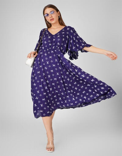 Blue print cotton flair dress with umbrella sleeve