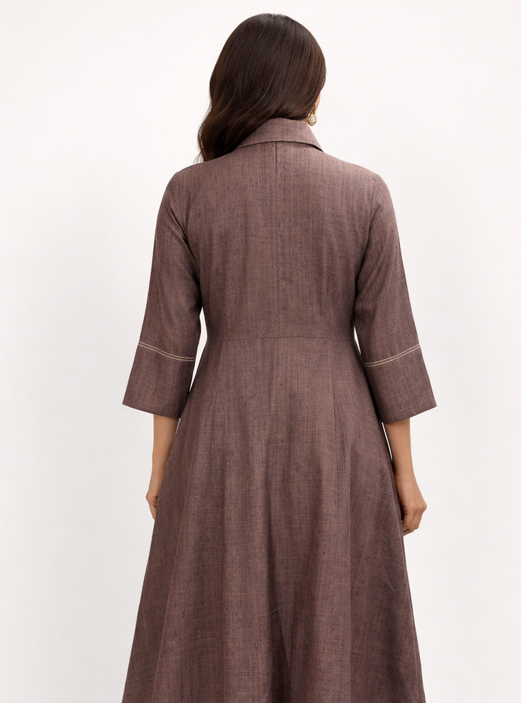 Brown Textured Cotton Linen A-Line Midi Dress