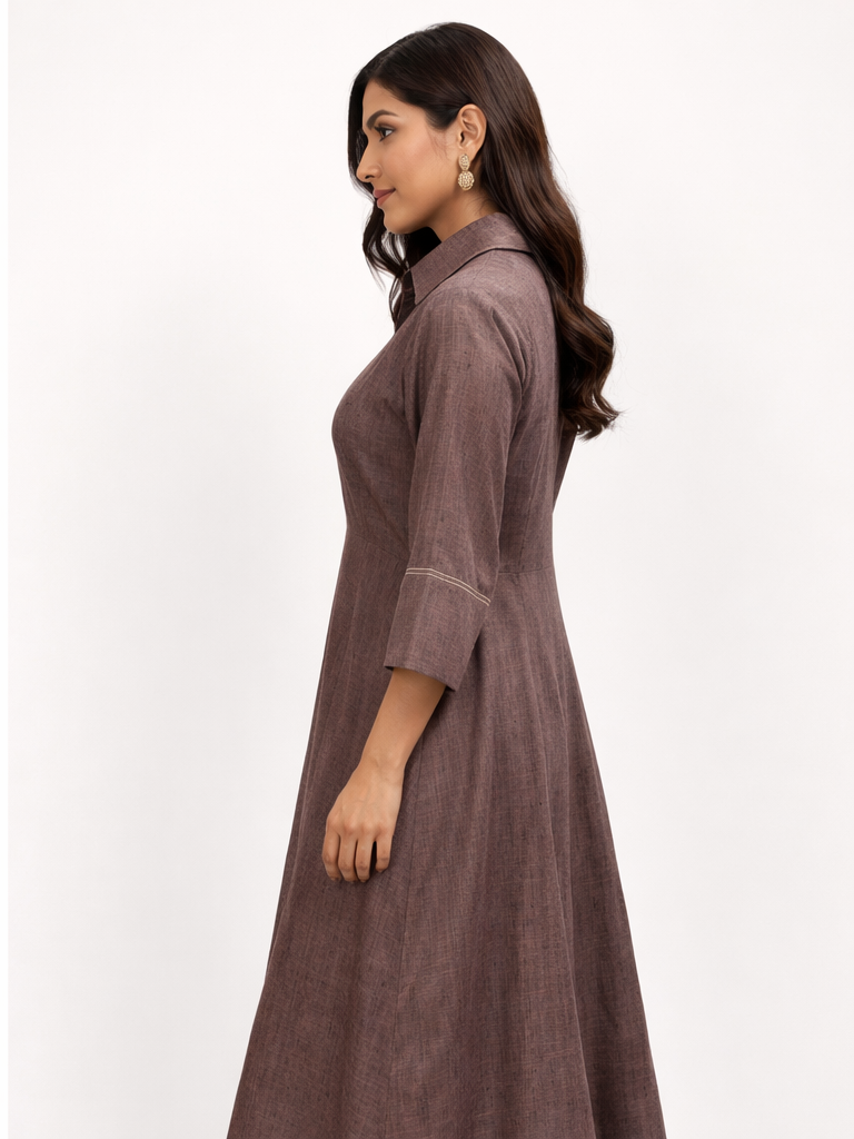 Brown Textured Cotton Linen A-Line Midi Dress