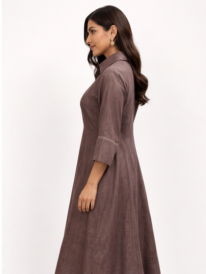 Brown Textured Cotton Linen A-Line Midi Dress
