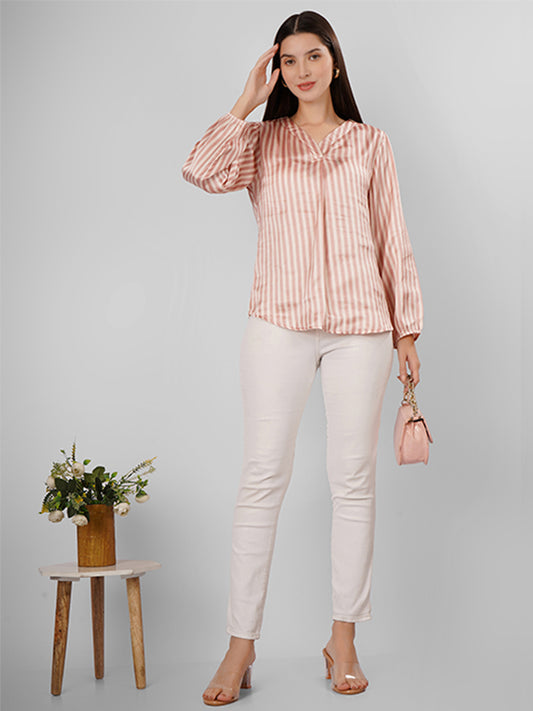 Elevate your style with this V-neck striped satin top featuring elegant pink stripes and full sleeves.