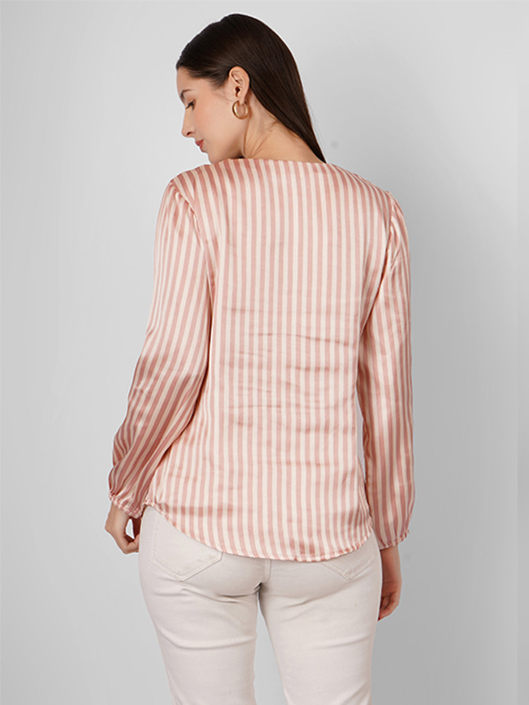 Elevate your style with this V-neck striped satin top featuring elegant pink stripes and full sleeves.