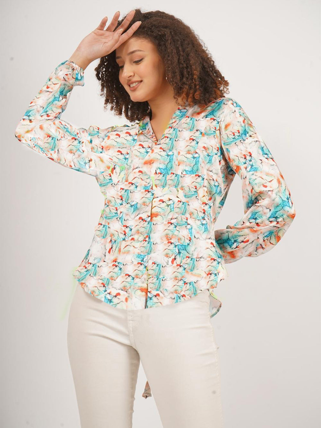 Printed Satin Top with string tie andcuff sleeves .This trendy top is for all season.