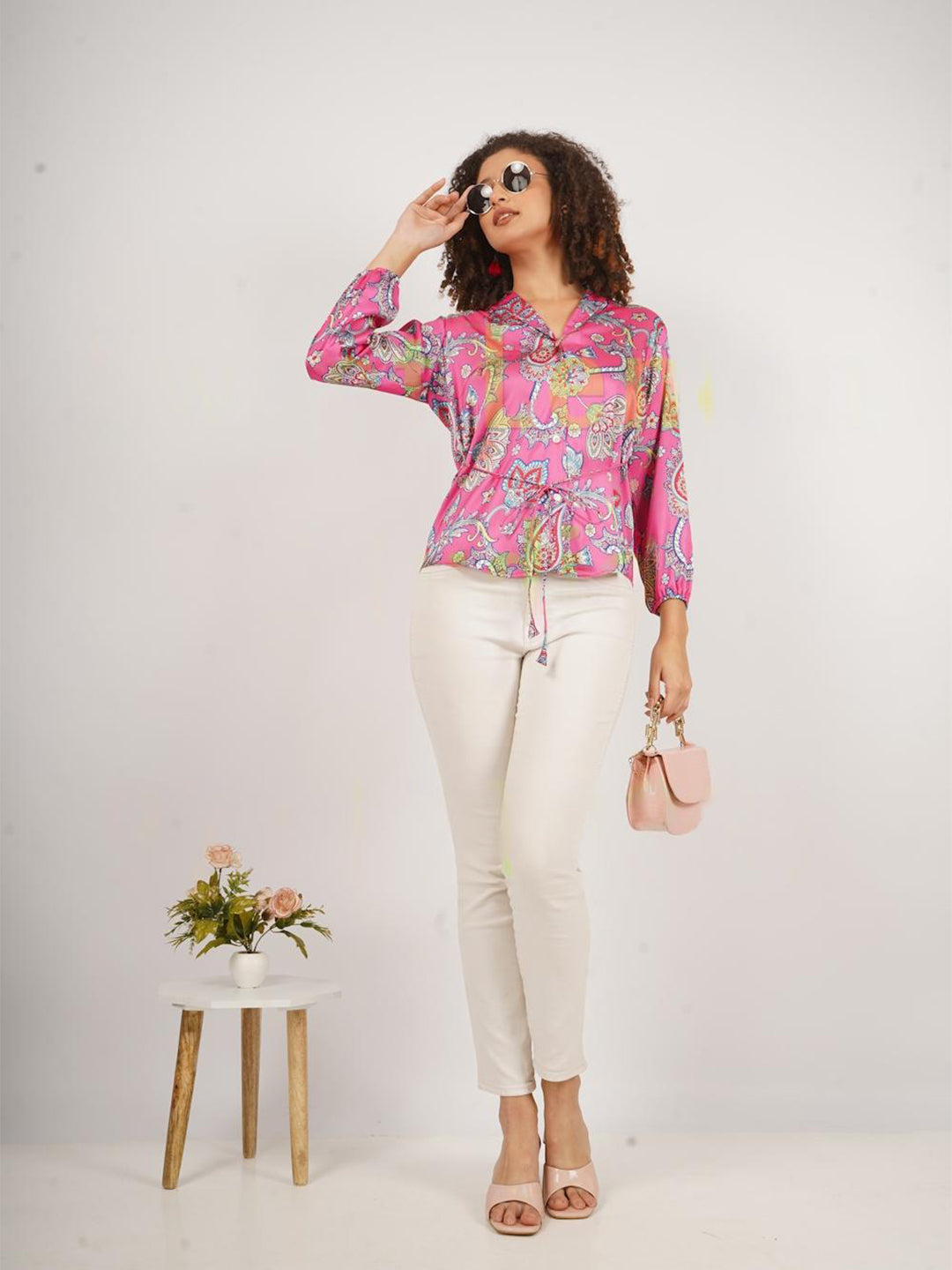 Printed Satin Top with string tie andcuff sleeves .This trendy top is for all season.