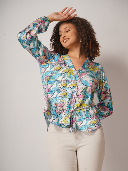Printed Satin Top with string tie andcuff sleeves .This trendy top is for all season.