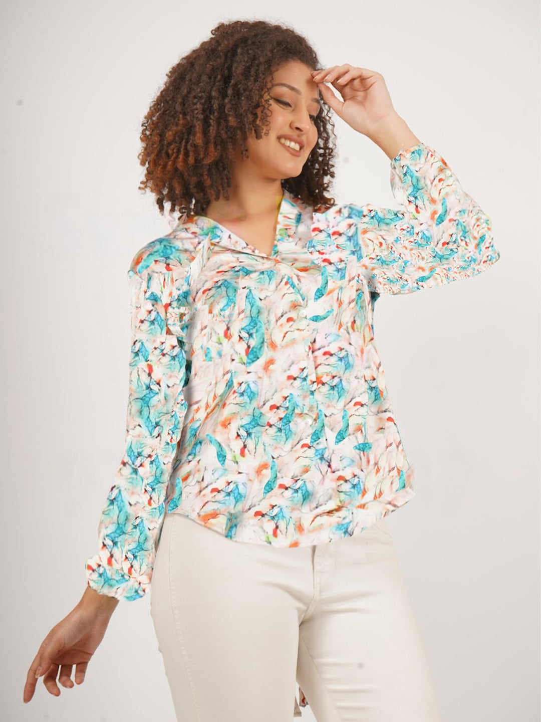 Printed Satin Top with string tie andcuff sleeves .This trendy top is for all season.