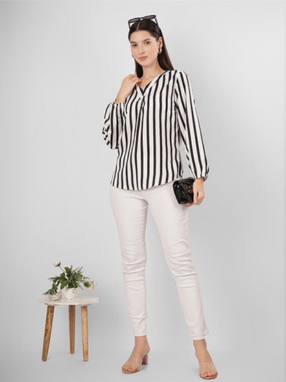 V neck strip full sleeves top with black strip is trendy and stylish for casual and formal events