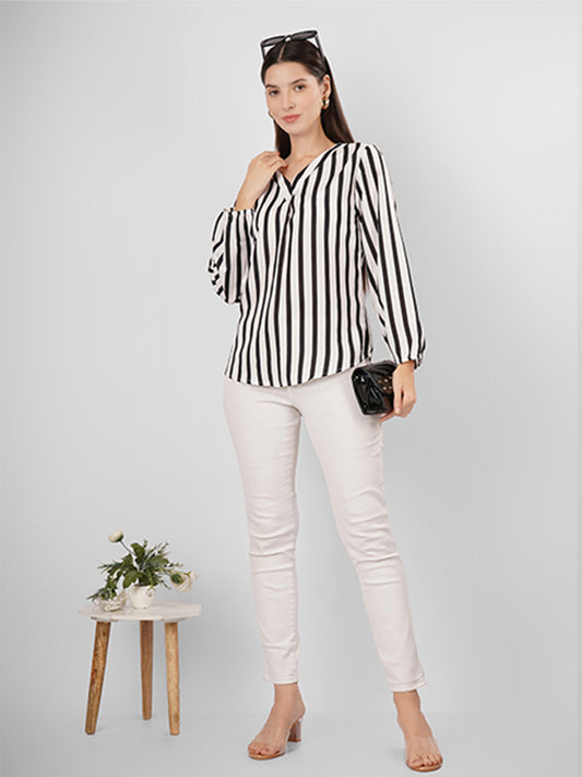 V neck strip full sleeves top with black strip is trendy and stylish for casual and formal events