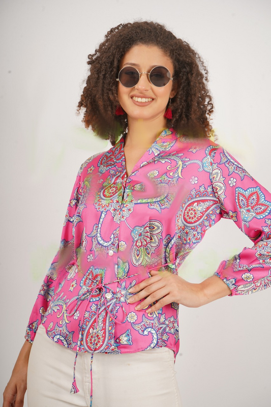 Printed Satin Top with string tie andcuff sleeves .This trendy top is for all season.