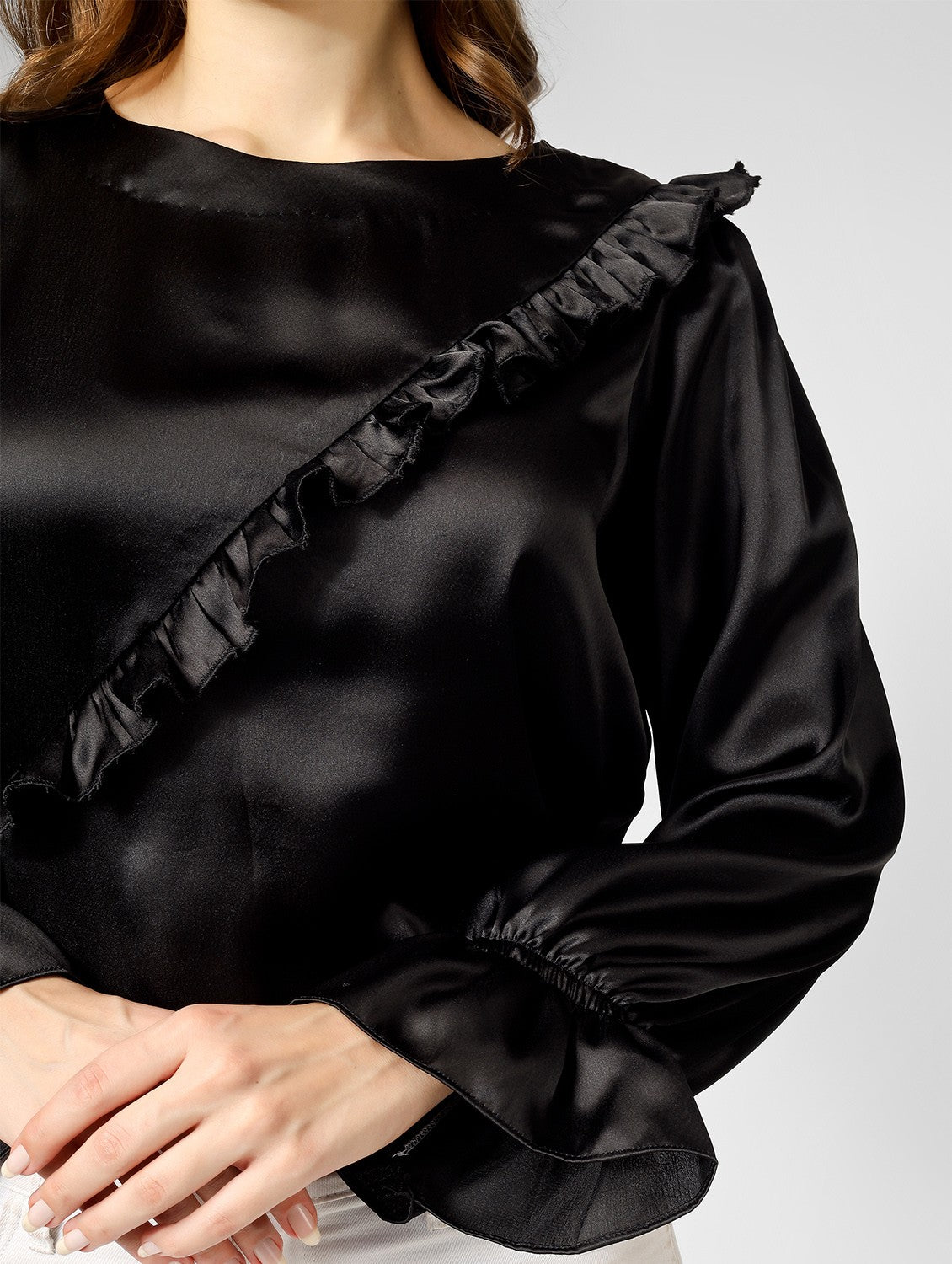 Black satin top with front frill and stylish sleeves for work and party wear