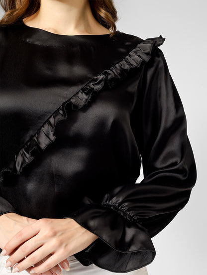 Black satin top with front frill and stylish sleeves for work and party wear