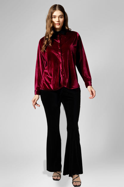 Wine Velvet Collared Shirt with Cuff Sleeves – Perfect Winter Wear