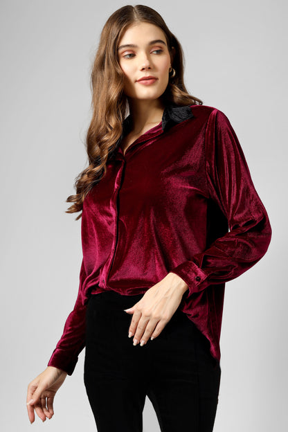 Wine Velvet Collared Shirt with Cuff Sleeves – Perfect Winter Wear