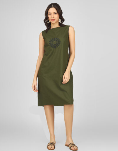 Pure cotton trendy green A-line dress with front embroidery