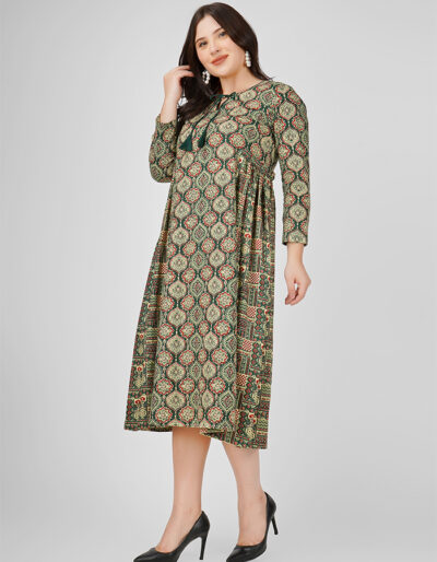 Cotton Floral Print Dress with dori neck and side pleated detailing. This Elegantly Beautiful Design Will Be Your Charming Outfit For This Summer.