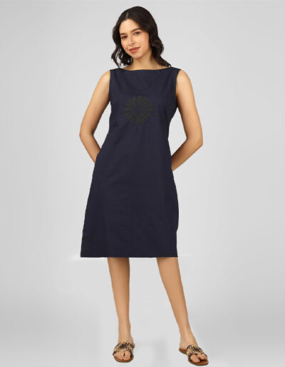 Pure cotton trendy blue A-line dress with front embroidery