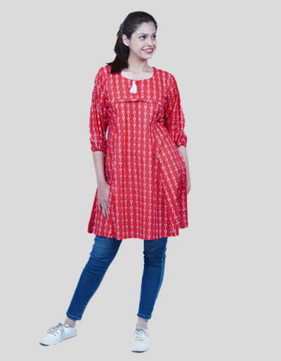 Long cotton kurti with three quarter sleeves and round neck with white tessel and gatther in front