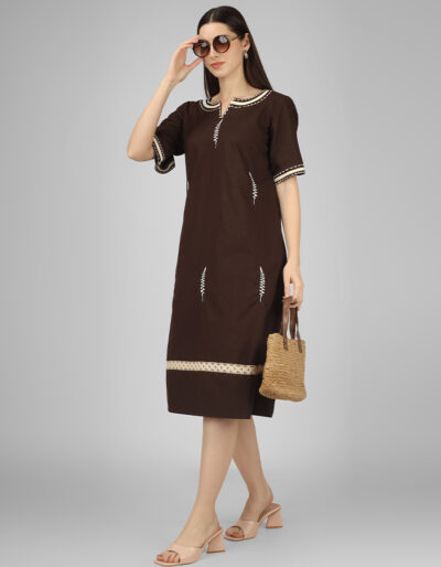 Pure cotton trendy brown dress  A-line dress with front embroidery and lace detailing
