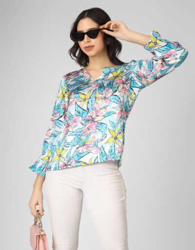 Pure satin crepe  floral summer print top for work and casual wear