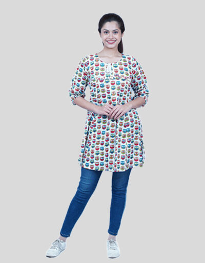 Long cotton kurti with three quarter sleeves and round neck with white tesel and gather in front