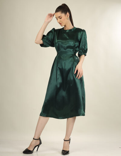 Beautiful green high fashion long dress with belt and puff sleeves is perfect for all occasions