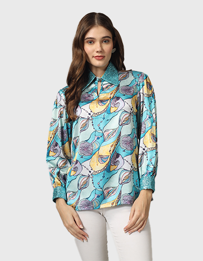 Satin printed shirt with sequence collar and cuff is outstanding