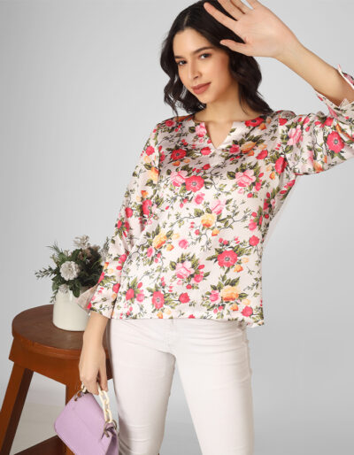 Off white floral summer print kurti top for work and casual wear