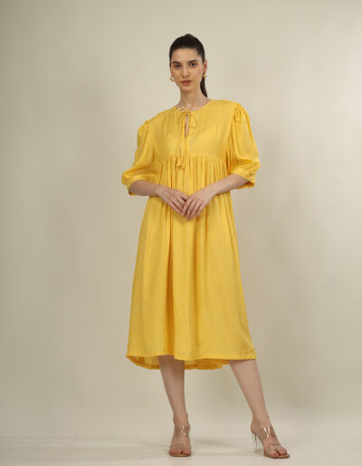 Bright yellow dress yoke dress and puff sleeves is perfect summer wear dress