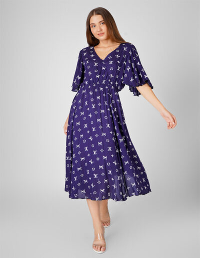 Buy Blue Print Cotton Flair Dress Online