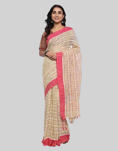 Buy Off White Saree with Green & Pink Blouse Online