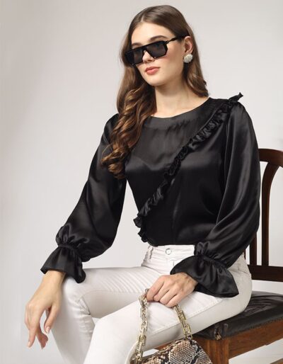 Buy Black Satin Top with Front Frill and Stylish Sleeves Online