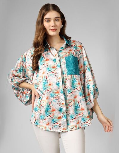 Buy Printed Satin Shirt with Sequence Collar and Cuff Sleeves Online