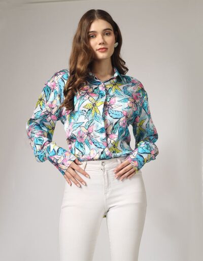 Printed Satin Shirt with Sequence Collar and Cuff Sleeves - Shop Online