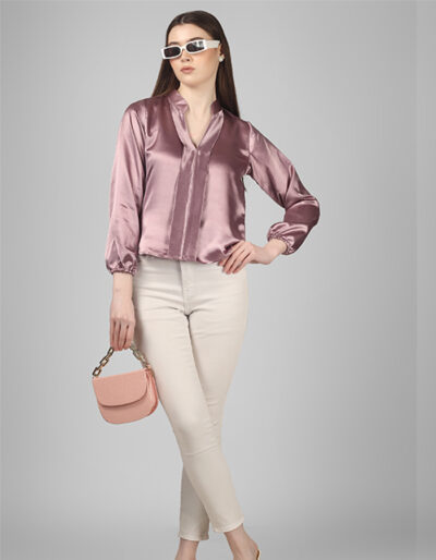 Buy Light pink satin v neck top Online