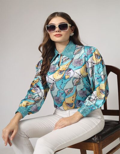 Buy Satin Printed Shirt with Sequence Collar and Cuff Online