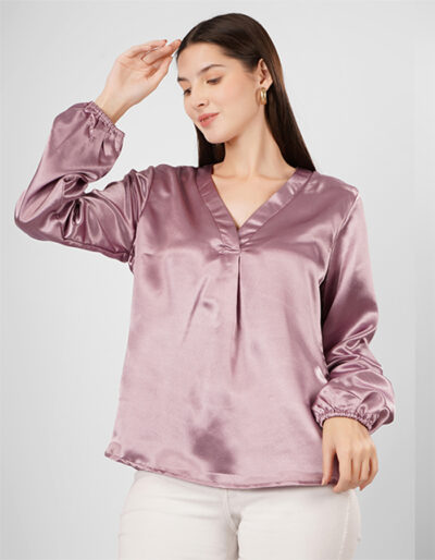 Buy Solid V Neck Top with Gather Front & Full Sleeves Online